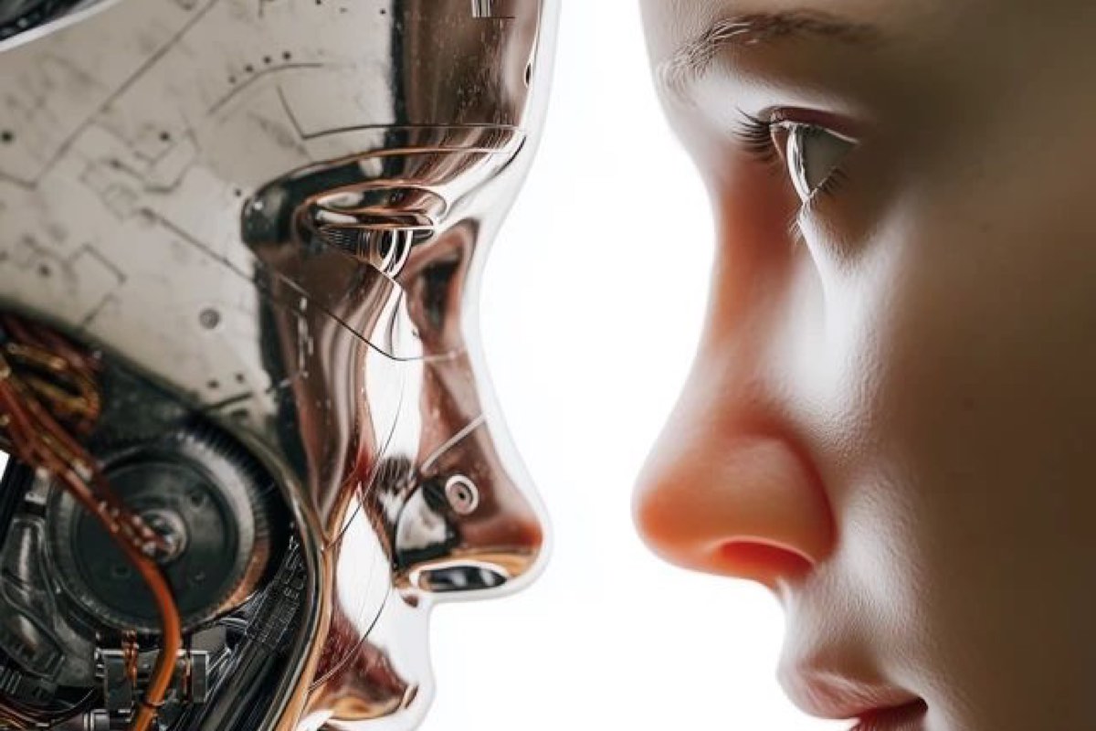 Two faces looking at each other, one human one robotic