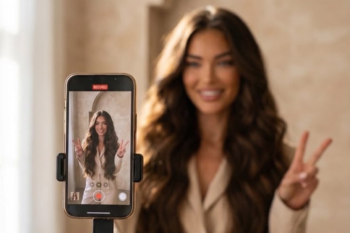 A woman filming a video on a phone tripod
