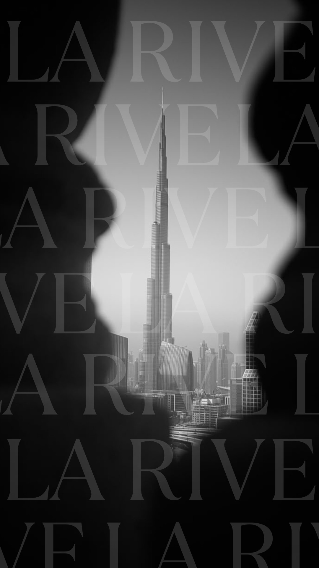 Black and white view of the Burj Khalifa framed by the words LA RIVE