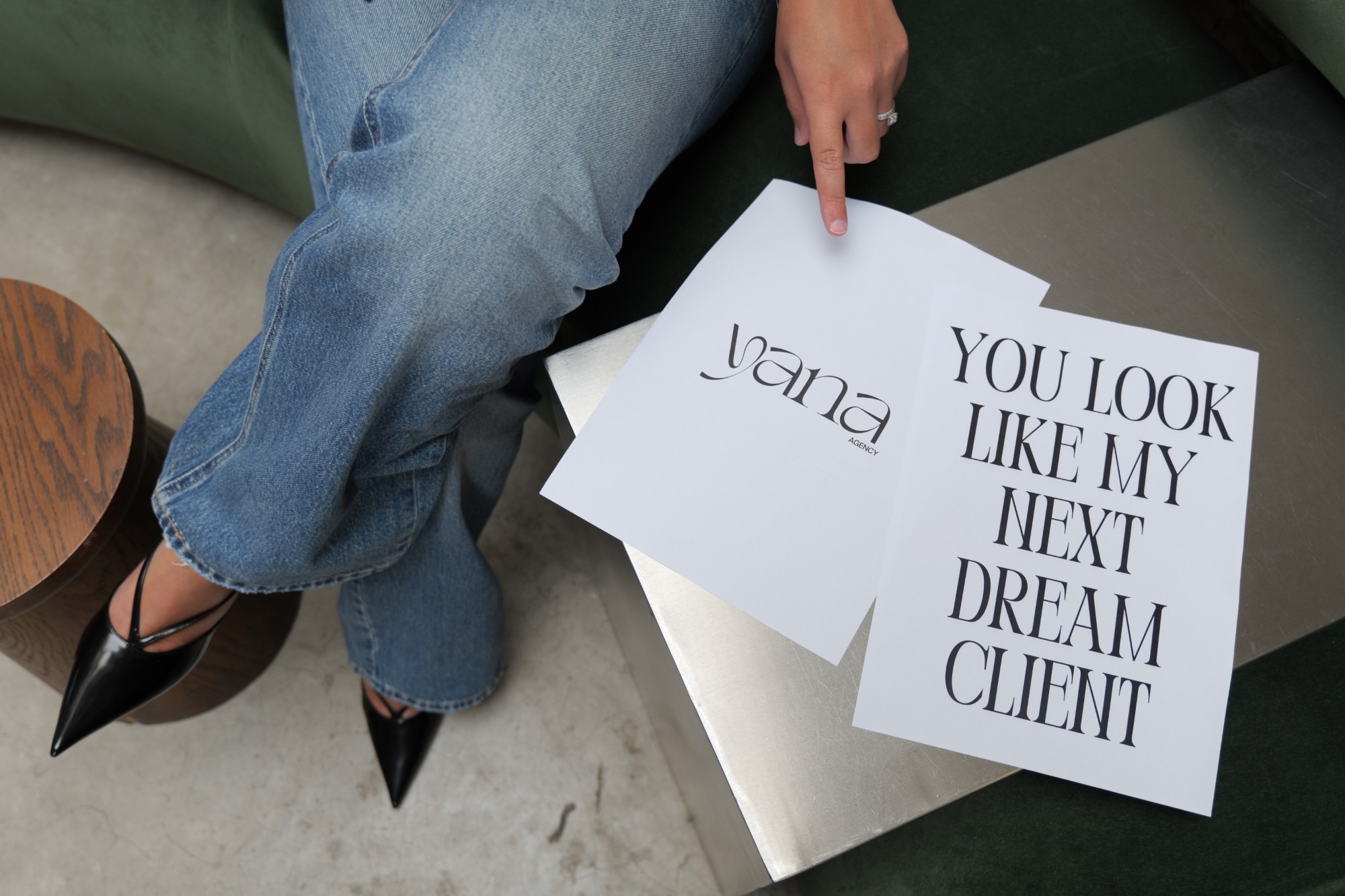 Yana Agency moodboard pages reading 'You look like my next dream client' beside a pair of black heels